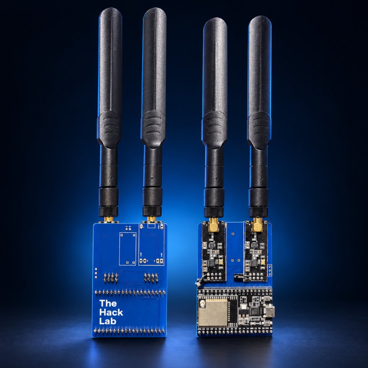 Duas unidades do Eclipse, frente e verso — placa azul com a marca The Hack Lab, cada uma com duas antenas RF
